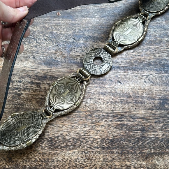 Brass disc style elastic with metallic leather snap belt perfect for festivals main image 11